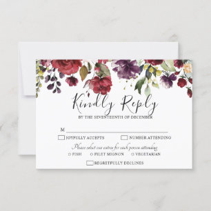 Romantische Waterverf Burgundy Red Blush Roos Flor RSVP Kaartje