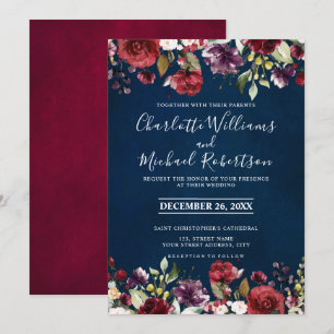Romantische Waterverf Burgundy Red Navy Floral Kaart