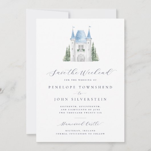 Romantische Waterverf Castle Weekend Wedding Save The Date (Voorkant)