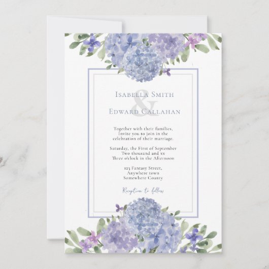 Romantische Waterverf Dusty Blue Hydrangeas Bruilo Kaart (Voorkant)