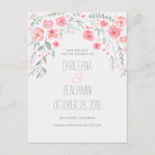 Romantische Waterverf Floral Save The Date Aankondigingskaart (Voorkant)