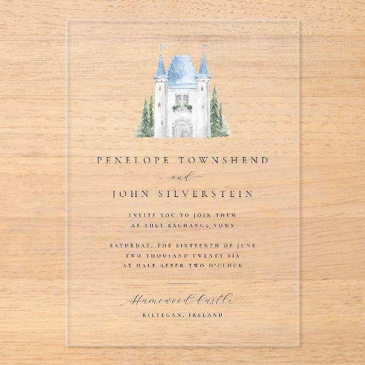 Romantische Waterverf Kasteelillustratie Huwelijk Acryl Uitnodigingen (Voorkant)