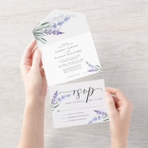 Romantische Waterverf Lavender Floral Wedding All In One Uitnodiging