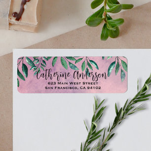 Romantische Waterverf Leafy Green Branches op roze Etiket