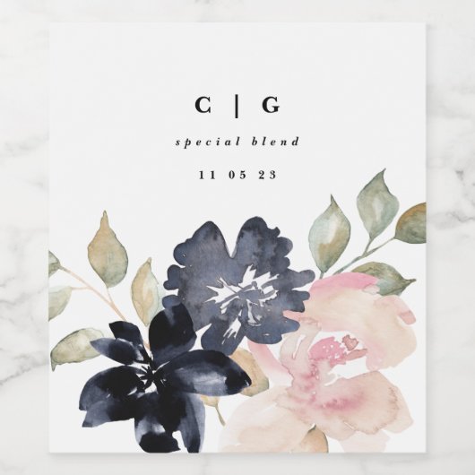 Romantische Waterverf marine Florals Wedding Bottl Wijn Etiket (Enkel label)