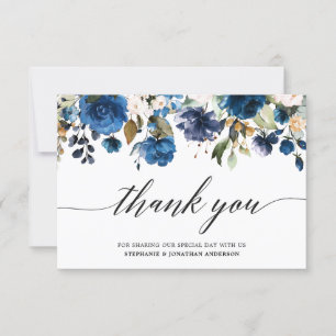 Romantische Waterverf Navy Blue Blush Roos Floral Bedankkaart