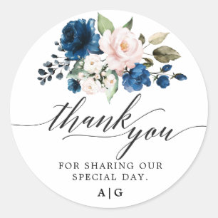 Romantische Waterverf Navy Blue Blush Roos Floral Ronde Sticker