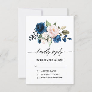 Romantische Waterverf Navy Blue Blush Roos Floral RSVP Kaartje