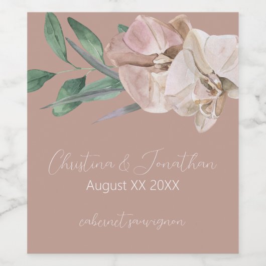 Romantische Waterverf Orchideeën op Dusty Blush Wijn Etiket (Enkel label)