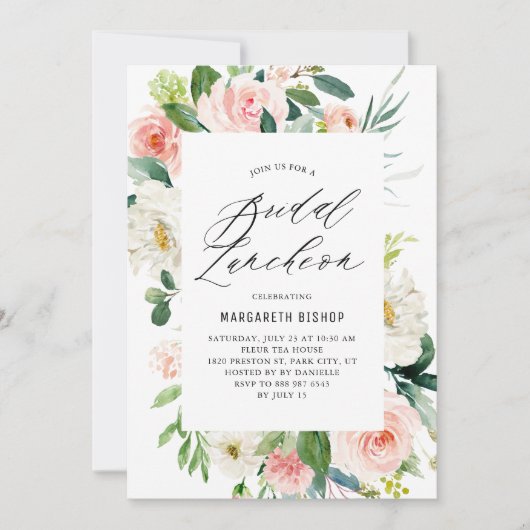 Romantische Waterverf Peach Florals Bridal Luncheo Kaart (Voorkant)