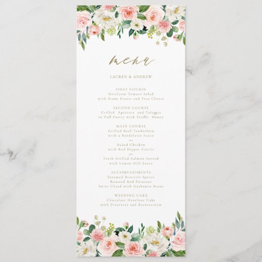 Romantische Waterverf Peach Florals Gold Menu (Voorkant)