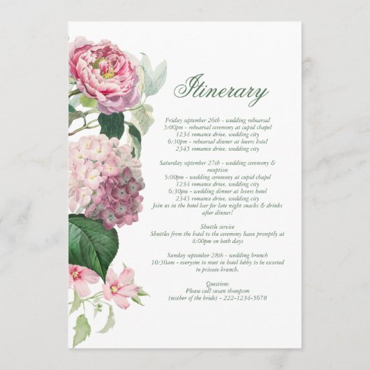 Romantische Waterverf Roze Bloemen Trouwroute Programma (Achterkant)