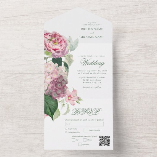 Romantische Waterverf Roze Bloemen Tuin Bruiloft All In One Uitnodiging (Binnen)