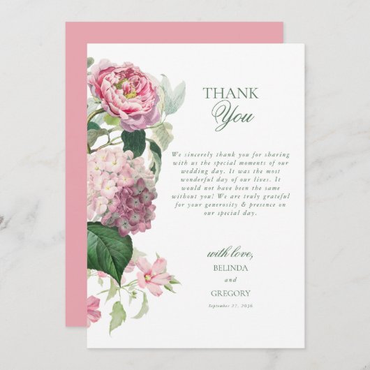 Romantische Waterverf Roze Bloemen Tuin Bruiloft Bedankkaart (Voorkant / Achterkant)