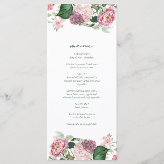 Romantische Waterverf Roze Bloemen Tuin Bruiloft Menu