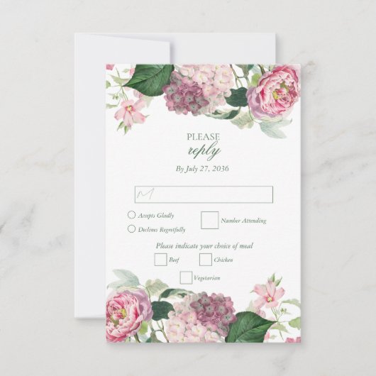 Romantische Waterverf Roze Bloemen Tuin Bruiloft RSVP Kaartje (Voorkant)