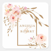 Romantische Waterverf Roze Blush Gold Rozen Vierkante Sticker (Voorkant)