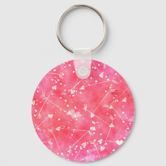 Romantische Waterverf Roze Harten & Pijlen Patroon Sleutelhanger (Voorkant)