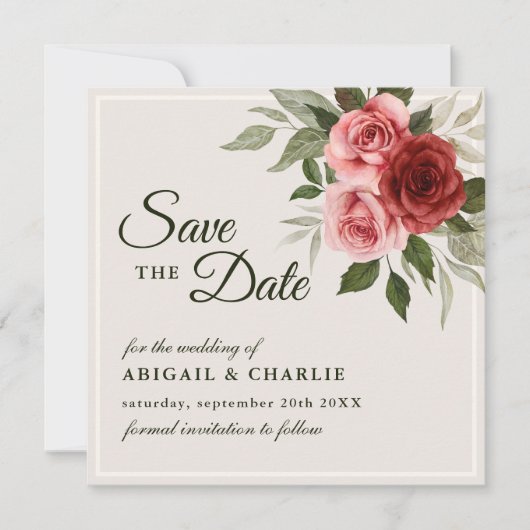 Romantische Waterverf Roze Rozen Elegante bruiloft Save The Date (Voorkant)