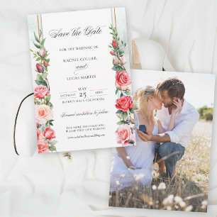 Romantische Waterverf Roze Rozen & Kalligrafie Save The Date