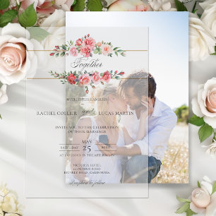 Romantische Waterverf Roze Rozen & Kalligrafie Vellum Uitnodigingen