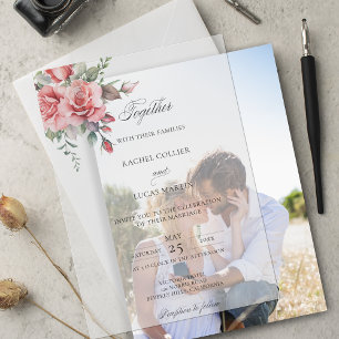 Romantische Waterverf Roze Rozen & Kalligrafie Vellum Uitnodigingen