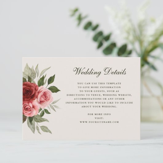 Romantische Waterverf Rozen Elegante bruiloft Deta Informatiekaartje (Staand voorkant)