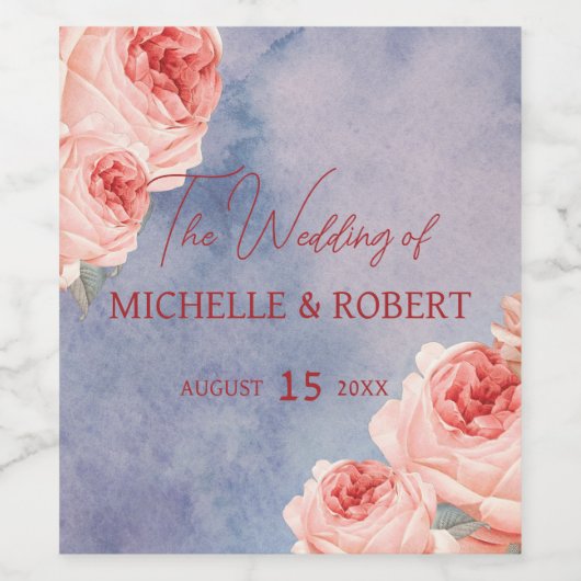 Romantische Waterverf Rozen op het blauwe huwelijk Wijn Etiket (Enkel label)