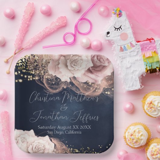 Romantische Waterverf Rozen op Moody Blue Wedding Papieren Bordje (Feest)