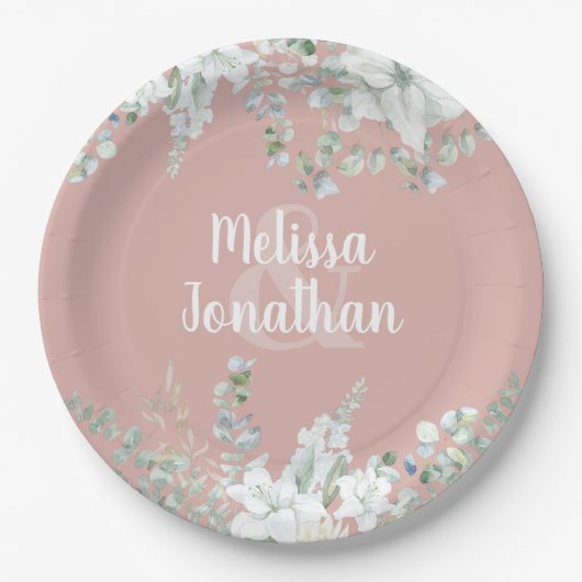 Romantische waterverf witte bloemen bruiloft papieren bordje (Voorkant)