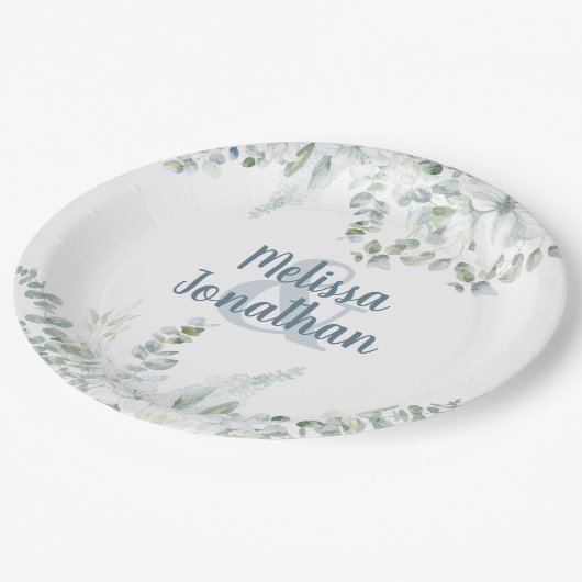 Romantische waterverf witte bloemen bruiloft papieren bordje (Gekanteld)