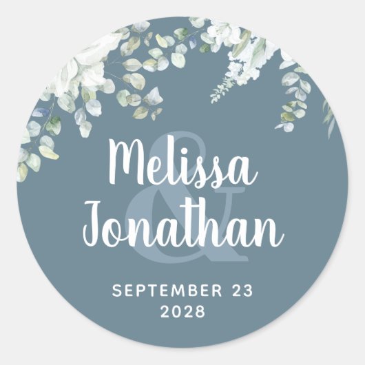 Romantische waterverf witte bloemen bruiloft ronde sticker (Voorkant)