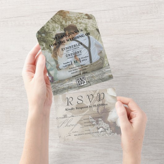 Romantische Waterverf Witte Rose QR Code All In One Uitnodiging (Afscheurbaar)