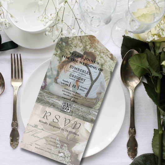 Romantische Waterverf Witte Rose QR Code All In One Uitnodiging