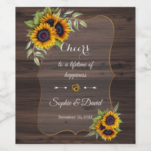 Romantische waterverf zonnebloemen houten bruiloft wijn etiket (Enkel label)