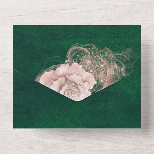 Romantische waterverfrozen op smaragdgroen all in one uitnodiging (Achterkant)