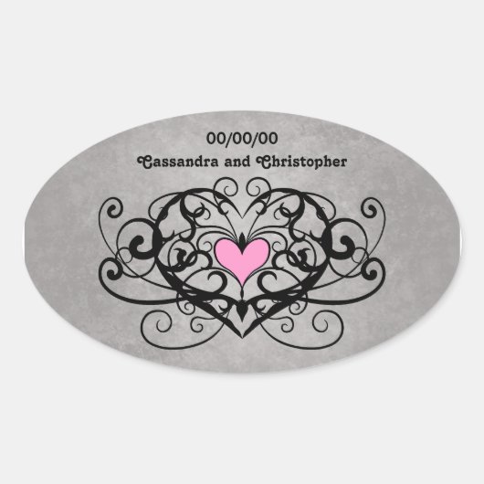 Romantische wervelingen en harten bruiloft ovale sticker (Voorkant)