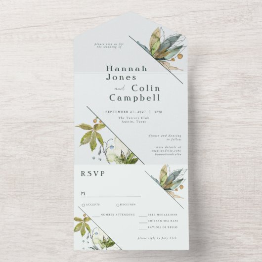 Romantische wijngaarden Minimale tuinblauw All In One Uitnodiging (Binnen)