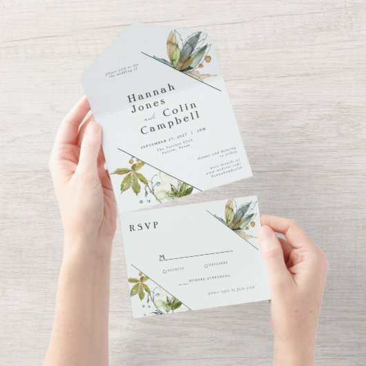 Romantische Wijnstokken Minimaal Tuin Groen Blauw All In One Uitnodiging (Afscheurbaar)