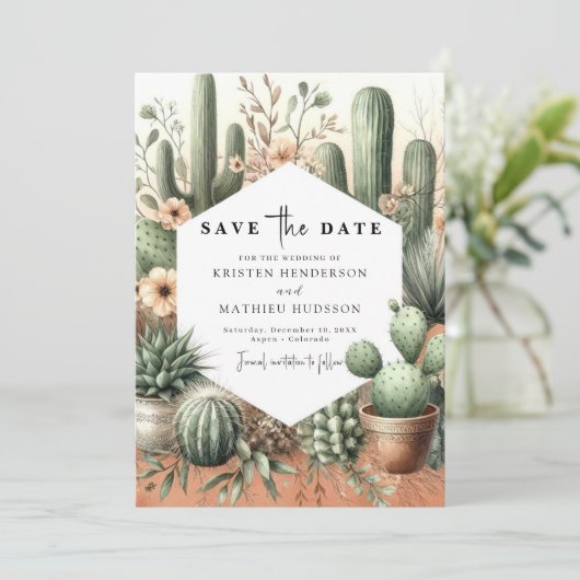 Romantische Wild West Cactus bruiloft Save The Date (Staand voorkant)