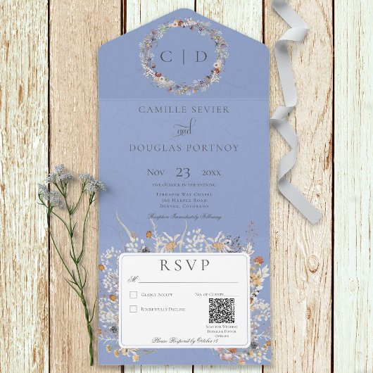  Romantische Wilde Bloem QR-code Periwinkle All In One Uitnodiging