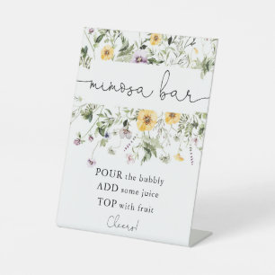 Romantische wilde bloemen lente mimosa bar teken reclamebord met voetstuk