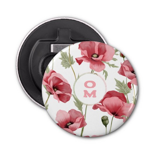 Romantische Wildflower Monogram Roze Grote Poppy Button Flesopener (Voorkant)