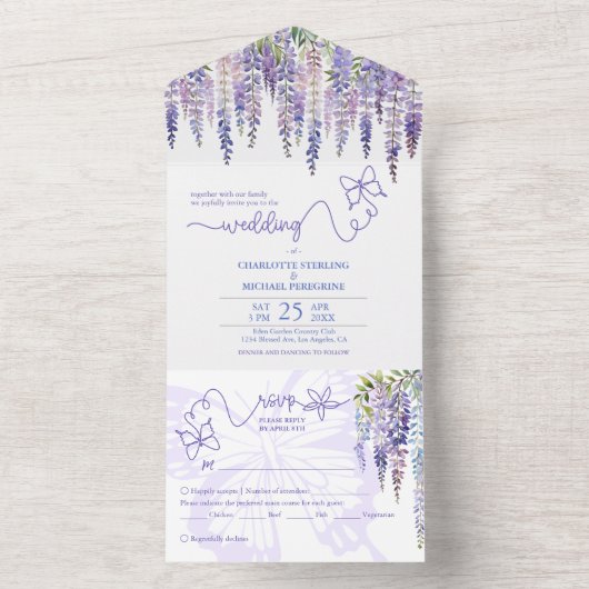 Romantische Wisteria Tuin Bruiloft met Menu Keuze All In One Uitnodiging (Binnen)