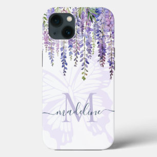 Romantische Wisteria Vlinder Monogram Script naam iPhone 13 Hoesje