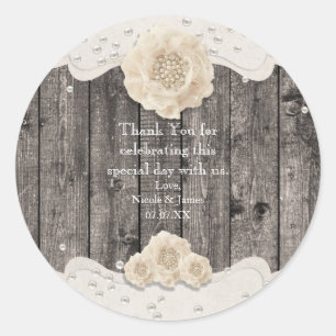 Romantische Witte Bloem & Parels Rustieke Hout Ronde Sticker