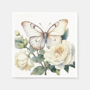 Romantische witte bloemen en vlinder servet