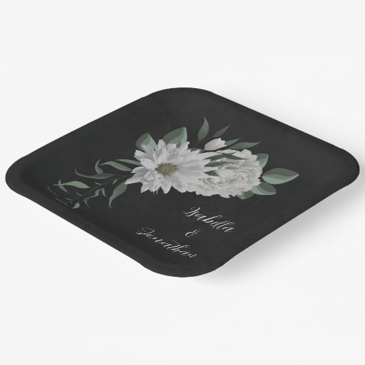 Romantische witte bloemen & groene bladeren zwart papieren bordje (Gebogen)