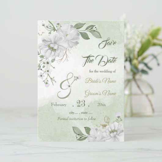 Romantische witte griesbloem save the date (Staand voorkant)