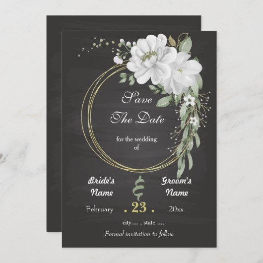 Romantische witte groenblauw, zwart save the date (Voorkant / Achterkant)